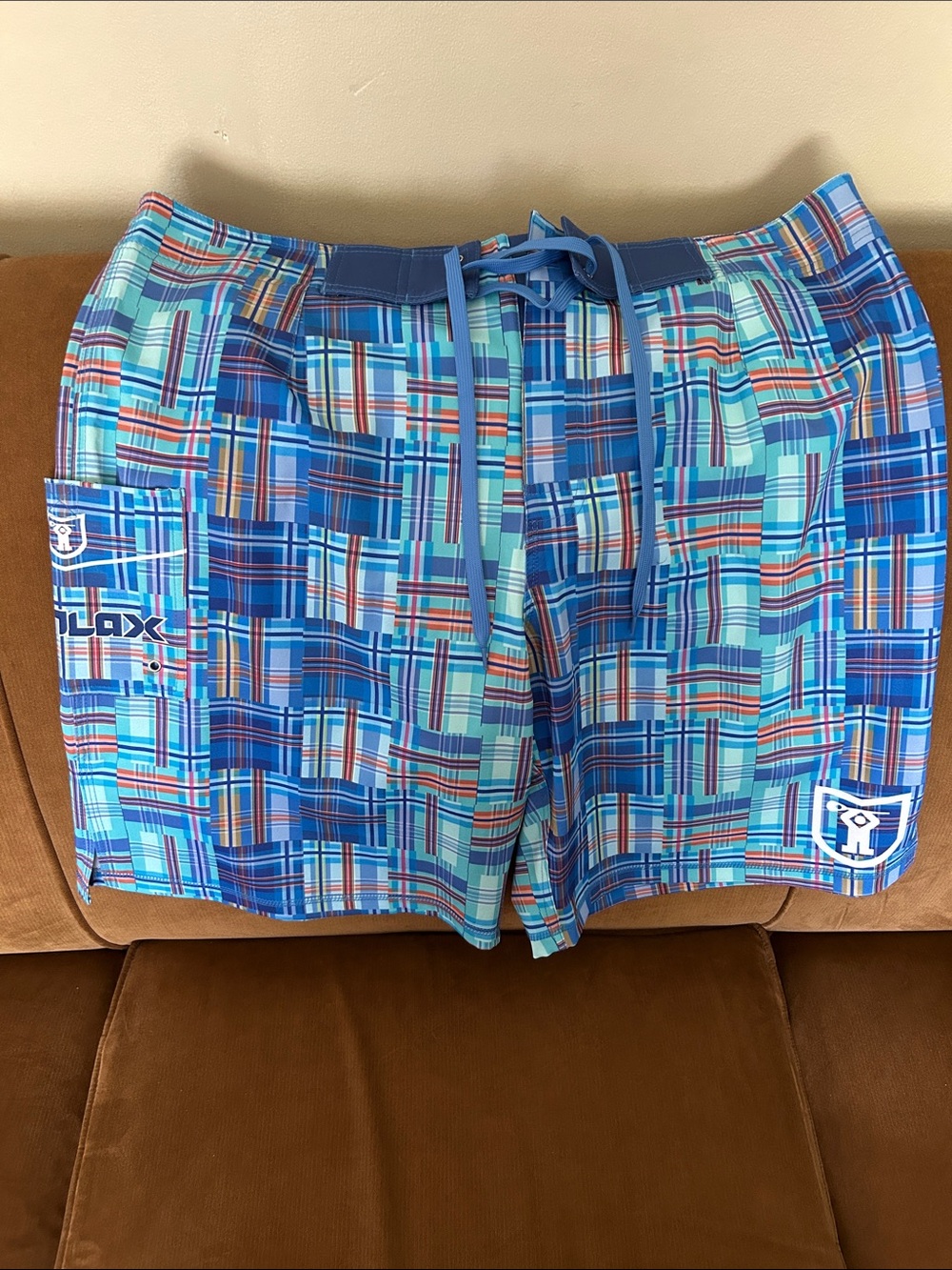 ComLax NWT Blue Plaid Lacrosse Shorts Athletic Drawstring Multicolor